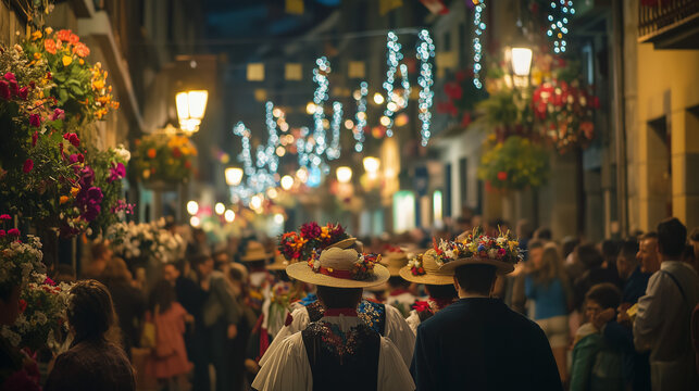 Day of San Sebastian, townspeople with traditional Basque hats walk in procession on narrow streets filled with flowers and decorations, Ai generated images