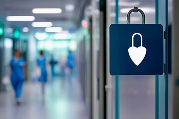 Secure heart symbol in a modern healthcare environment during a busy day. Generative AI