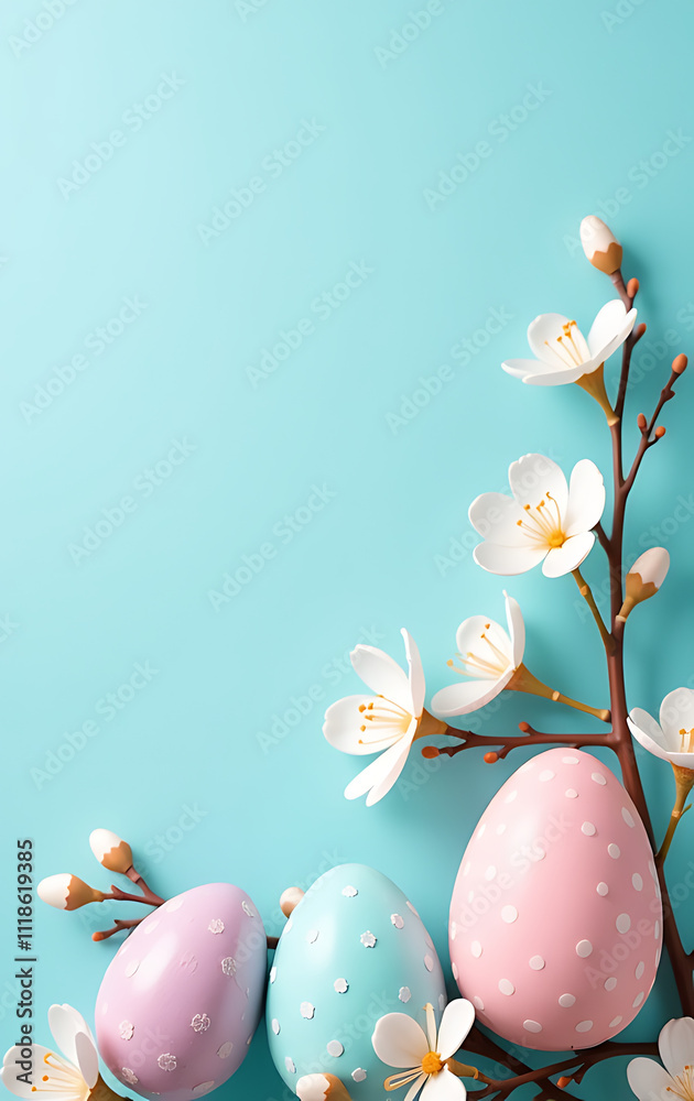 Poster Decorated eggs and blossoms are set against a soft pastel blue background with space for customized text or promotional elements._00001_