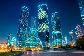 City skyline shines at night with dazzling lights and modern architecture. Generative AI