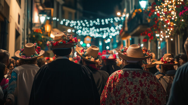Day of San Sebastian, townspeople with traditional Basque hats walk in procession on narrow streets filled with flowers and decorations, Ai generated images