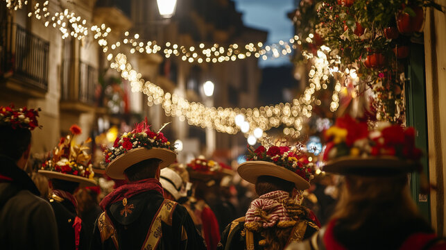 Day of San Sebastian, townspeople with traditional Basque hats walk in procession on narrow streets filled with flowers and decorations, Ai generated images