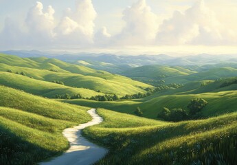 Fototapeta premium Lush Green Rolling Hills Under a Blue Sky with Soft Clouds and a Winding Pathway Through Vibrant Meadows in a Peaceful Landscape Setting