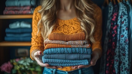 Obraz premium Close up of hands arranging clothes and accessories in fitting room