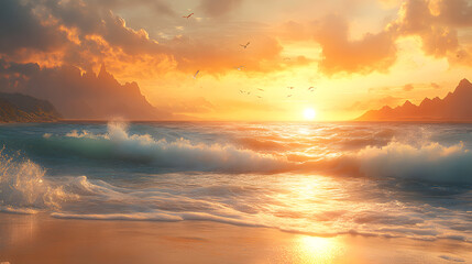 Obraz premium A Serene Dawn Coastal Landscape with Wakame on the Beach Blissfully Growing