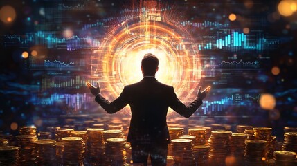 Businessman analyzing hologram of financial market data and gold coins