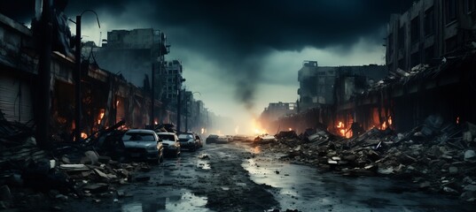 Dramatic destroyed city background architecture crumbling buildings vines overtaking structures depicted in dystopian art style