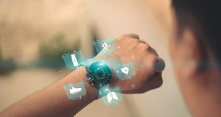 Running man with smartwatch. smartwatch that displays various health and fitness information. The watch shows that the person is currently running. concept technology to check health while exercising