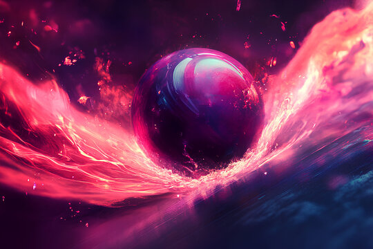 Large purple ball is floating in a sea of pink and purple