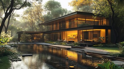 Obraz premium Expansive modern mansion with glass walls and minimalist design blending seamlessly into the landscape depicted in photorealism