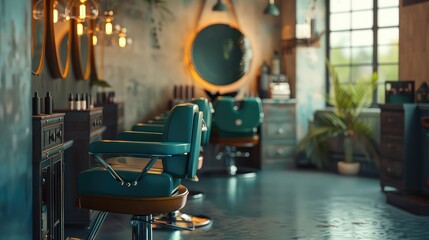 A photo of a hair salon with chairs and lights hanging from the ceiling, creating a modern and stylish atmosphere, A hair salon full of bright colors and busy hairdressers, AI Generated