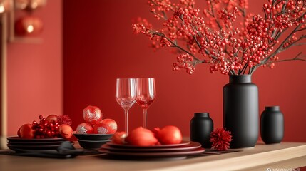Elegant and minimal Lunar New Year table setting with festive decorations