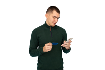Young businessman using a smartphone and credit card