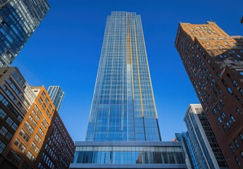 Modern Skyscraper Reaching Towards Clear Blue Sky Surrounded by Urban Buildings in a Cityscape Scene