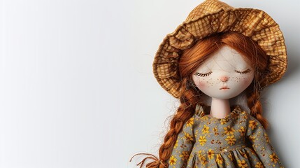 Handmade fabric doll with red hair and vintage hat, soft toy in floral dress, rustic handmade decor, delicate design, minimalistic white background with copy space, artisan craft

