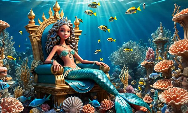 A cartoonish image of a mermaid sitting on a throne in the ocean