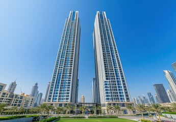 Fototapeta premium Modern skyscrapers rise majestically in Dubai's skyline under a clear blue sky, showcasing contemporary architecture and urban beauty in an iconic city setting.