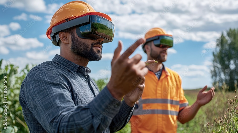 Poster two men wearing vests and hard hats are standing in a field