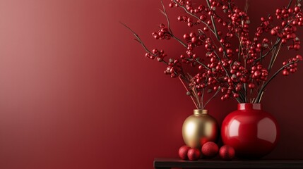 Minimalist Lunar New Year decorations in elegant gold and red palette