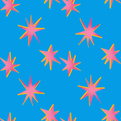 Dopamine style seamless pattern with pink stars. Retro grain texture. Ideal for textile design, bold prints, party decor.