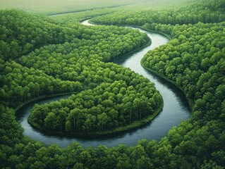 Serene Aerial View of a Meandering River Surrounded by Lush Green Forests in a Tranquil Natural Landscape