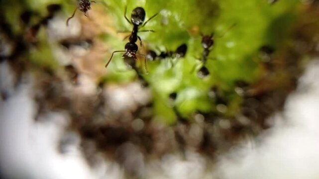 close up of a crowd of ants on a guava fruit in an outdoor garden