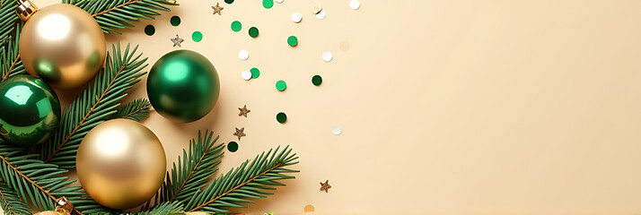 Fototapeta premium A vertical photo of transparent gold and green baubles, a pine branch, and confetti on an isolated beige background with copyspace._00001_