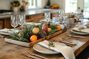 Fototapeta premium Sustainable Christmas: Dinner Table with Locally Sourced Plant-Based Dishes, Handmade Ceramic Plates, and Bamboo Utensils