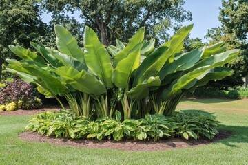 Obraz premium 緑豊かな植物が彩る庭の中心での葉の群生