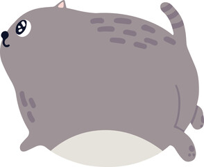 Chubby gray cat running and looking up, featuring a striped tail and light gray belly, perfect for children's books and playful pet product branding