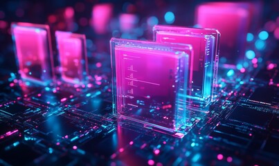 Neon-lit glass blocks on glowing circuit board.