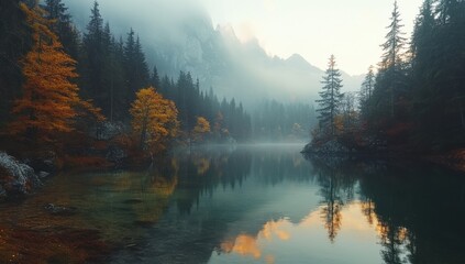 Naklejka premium Serene Autumn Reflection in Misty Lake Surrounded by Evergreen Forest and Majestic Mountains at Dawn, Capturing Nature's Tranquility and Beauty