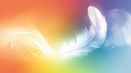 White feather floating in vibrant rainbow colors with glowing light effects.