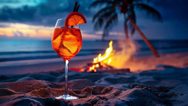 Tequila sunrise cocktail standing on the sandy beach at night. Ocean coast of a tropical island with a burning bonfire in the background.