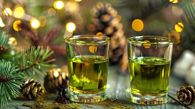 Two glasses of absinthe cocktail or herbal tincture on table with festive Christmas decorations of fir branches and pine cones.