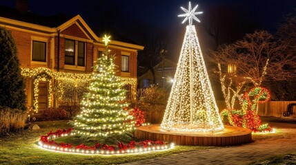 Festive Christmas decorations adorning a house exterior at night.