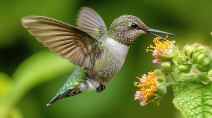 Fototapeta premium Hummingbird in flight feeding on orange flower.