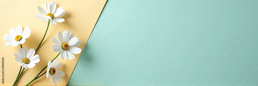 Poster a serene image of a white gypsophila flower arrangement set against a beige and turquoise background