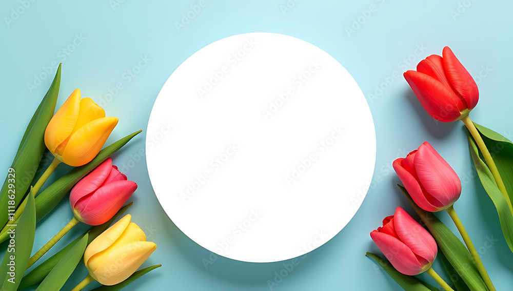 Poster a serene white circle surrounded by vibrant bouquets of fresh tulips against a soft pastel blue back