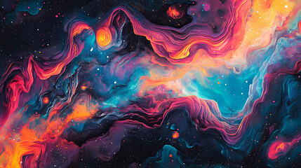 A vibrant, colorful depiction of a cosmic vortex in space, showcasing swirling nebulae and glowing stars in an ethereal, otherworldly scene. Stellar. Illustration