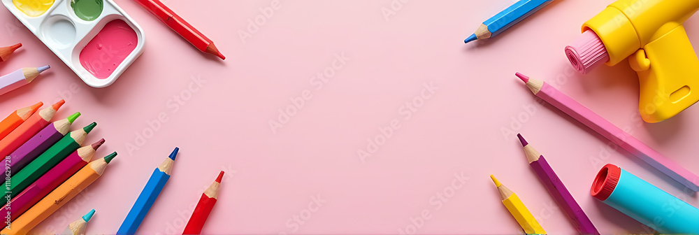 Poster A primary school art studio scene features a colorful array of creative supplies arranged on a pastel pink background with plenty of empty space._00001_