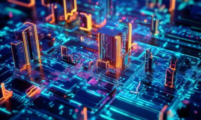 Obraz premium Neon-lit cityscape, circuit board design.