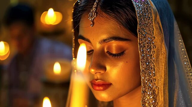 A young South Asian woman dressed in traditional attire meditates beside flickering candles. Her expression conveys serenity, reflecting a moment of personal reflection or prayer during a cultural