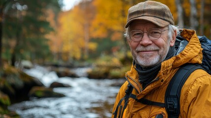 Obraz premium A man wearing a hat and jacket standing in front of a stream