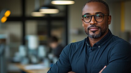 Fototapeta premium A man with glasses standing in an office with his arms crossed