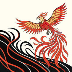 A stylized phoenix rising with flames transforming into abstract waves
