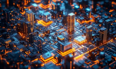 Glowing cityscape, circuit board texture, futuristic design.