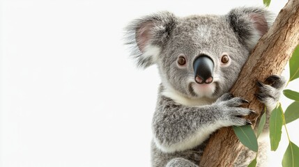 Obraz premium A baby koala hugging a tree branch, with soft eyes, peacefully sitting on a white background