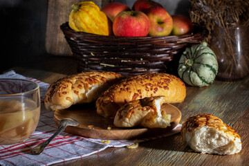 Fresh baked goods on a rustic table