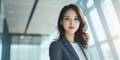 Fototapeta premium confident Asian woman in stylish business suit stands in modern office with large windows, exuding professionalism and poise
